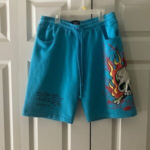 Don Ed Hardy Graphic Flame Skull Tattoo design mens M shorts blue drawstring